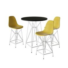 Jogo Mesa Bistrô Eames Preta 60Cm 3 Banquetas Amarela Base Ferro Branc