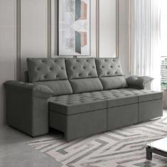 Sofá Retrátil 3 Lugares 2,10m York Suede Cinza Cinza - SELMER ESTOFADO