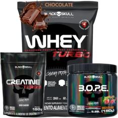 Whey Protein Concentrado + Creatina Monohidratada 150g + Pré-Treino B.O.P.E 150g - Kit Black Skull Para Ganho de Massa e Força (Whey Turbo Chocolate - B.O.P.E Frutas Vermelhas)