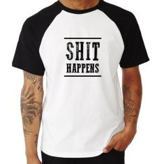 Camiseta Raglan Shit Happens - Foca na Moda, Branco, Preto, M
