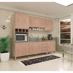 Armário de Cozinha Completa 5 Peças Luci 13 Portas 4 Gavetas MDF 270cm Amadeirado Texturizado