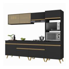 Cozinha Completa Veneza 8 Portas 2 Gavetas MDF 252cm Preto Texturizado Estilo Retrô