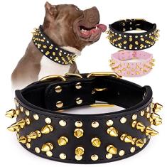 Coleira de cachorro larga com spikes dourados, coleiras de corrente para cães Epesiri, coleiras para cães de couro PU com rebite de cogumelo, coleira para animais de estimação com spike durável ajustável para Pitbull Mastim Bulldog Pugs Husky Rottweiler