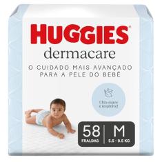 Fralda Huggies Premium Dermacare Tamanho M - 58 Fraldas Premium com formato anatômico, materiais ultra macios e respiráveis. Super absorção de até 12 horas e ajuda previnir assaduras