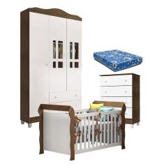 Quarto de Bebê Ariel 3P Gaveteiro e Berço Lara Branco Acetinado Amadeirado com Colchão – Carolina