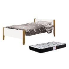 Cama Solteiro Simba Branco Fosco Com Pés Amadeirado E Colchão D33 - Reller Móveis Branco Fosco