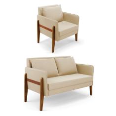 Kit 1 Sofá Namoradeira E 1 Poltrona Lana Suede Base De Madeira - D`rossi Cor Bege