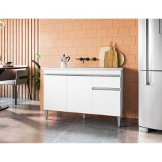 Balcão para Lavanderia 120cm Tatiane 3 Portas 1 Gaveta com tampo Cor Branco - AJL