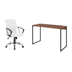 conjunto de mesa studio nogal 120 cm com cadeira de escritório diretor giratória oslo branca