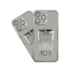 Capas de telefone exclusivas em forma de copo com glitter em movimento com protetor de tela, capa de celular com glitter líquido fluido de areia rápida para iPhone 15, 15 Pro, 15 Pro Max (prata,