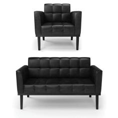 Sofá Namoradeira E Poltrona Base De Madeira Preto Elisa Corano Preto D