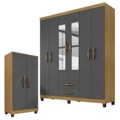 Guarda Roupa Casal Modena Com Espelho 6 Portas E Multiuso Recife Carvalho Americano Grafite - Incorplac