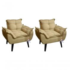Kit 2 Poltronas Decorativas Glamour Linho Bege SMF Decor