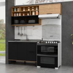 Cozinha Modulada 3 Peças Mdf com Aéreo 1200cm Porta de Vidro Basculante Toscana Freijó/Nero