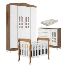 Quarto de Bebê New Selena 4 Portas com Berço Lila e Cômoda Selena Branco Acetinado Amadeirado e Colchão Gazin – Carolina Móveis