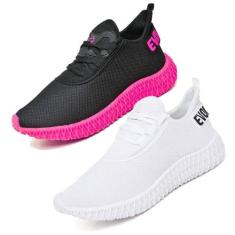 2 Tênis Feminino Caminhada Colmeia Confortavel Exclusivo Branco/Rosa -