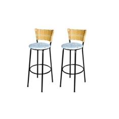 Jogo 2 Banqueta Alta Para Cozinha Ratan Palha Preta Estofado Floral - 