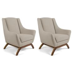 Kit 02 Poltronas Decorativa Fixa Base de Madeira Juliet D02 Linho Bege