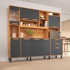 Cozinha Compacta Itatiaia Nápoles com 8 Portas, 3 Gavetas e 9 Prateleiras - 220cm de Largura - Cinamomo/Grafite