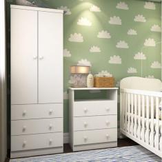 Quarto Infantil com Guarda Roupas 2 Portas 3 Gavetas e Cômoda 3 Gavetas Teka Espresso Móveis Branco Brilho