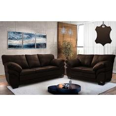 Conjunto Sofá de Couro Legítimo 3 e 2 Lugares Cama Inbox Monterrey 2,10x1,60m Marrom