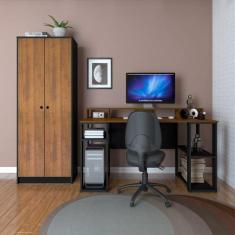 Conjunto Home Office 2 Peças Escrivaninha com Nichos e Armário Match Yescasa Pinho/Preto