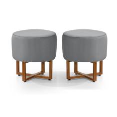 2 Banquetas Redonda Tecido Veludo Cinza Com Pes de Ferro Estilo Industrial Cobre
