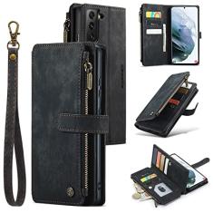 UEEBAI Capa carteira para Samsung Galaxy S21 FE 5G, capa de telefone premium feita à mão de couro PU com compartimentos para cartões, fecho magnético, bolso com zíper, suporte, capa flip com alça de