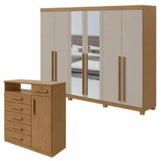 Conjunto de Guarda-Roupa com Espelho e Pés Bertha com Cômoda Da Vinci Amêndoa Clean/Off White