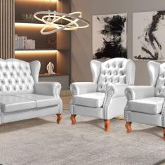 Conjunto Imperador Sofá com Poltronas Chesterfield Decoração Retrô Vintage Branco