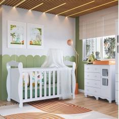Quarto de Bebê Cômoda 1 Porta com Janelas e Berço Americano Nina 100% Mdf Espresso Móveis Branco Brilho