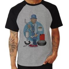 Camiseta Raglan Mecânico - Foca na Moda, Cinza, Preto, GG
