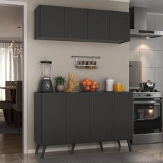 Kit Armário de Cozinha Aéreo e Balcão 4 Portas Retrô Multimóveis Mp2170 Preto