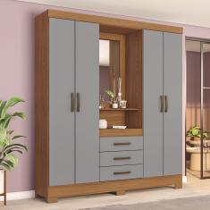 Guarda Roupa Casal Ryan 4 Portas Bater 3 Gavetas MDF com Espelho Nature-Cinza Casa 812