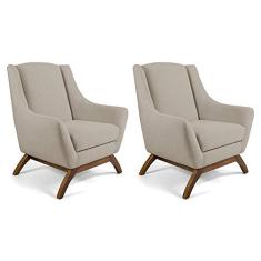 Kit 02 Poltronas Decorativa Fixa Base de Madeira Juliet D02 Linho Bege C-129 - Lyam Decor