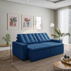 Sofá Cama Retrátil e Reclinável 4 Lugares 240cm em Veludo com Molas e Braço Reto Palmeira Cabecasa M Azul