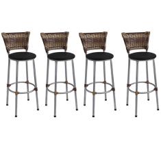 Kit 4 Banquetas Médias Prata com Encosto Junco Capuccino Assento Preto