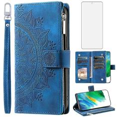 Asuwish Capa de telefone para Samsung Galaxy S21 FE 5G capa carteira com protetor de tela de vidro temperado mandala flor flip zíper titular cartão celular S 21 EF S21FE5G UW S21FE 21S G5 16.3 cm