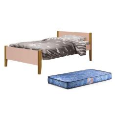 Cama Solteiro Simba Rosa Fosco Com Pés Amadeirado E Colchão D20 - Reller Móveis Rosa Fosco