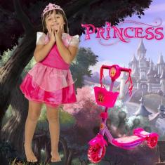 Patinete Rosa Cestinha Ajuste de Altura + Conjunto Princesa - DM Toys