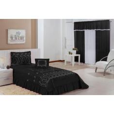 Kit Cobre Leito Solteiro Desejos 04 Peças Bordado + Cortina 2,00x1,70m