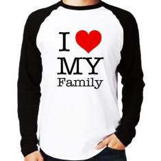 Camiseta Raglan I Love My Family Manga Longa - Foca na Moda, Branco, P