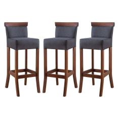 Kit 3 Banquetas Alta com Encosto Estofado Diamantina em Madeira Maciça Imbuia Linho Cinza L67 RMI