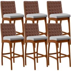Kit 06 Banquetas Altas Mila Marrom Linho Cinza
