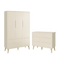 Jogo de Quarto Infantil Theo Guarda Roupa 3 Portas e Cômoda 6 Gavetas com Pés Madeira Natural - Reller Móveis