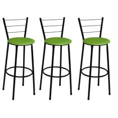 Kit 3 Banquetas Alta Preta com Encosto Assento Verde Jaddi