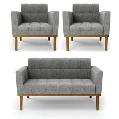 Sofá Namoradeira E 2 Poltronas Base Madeira Castanho Elisa Linho Grafite A26 D03 - D'rossi