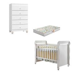 Berço Americano Mirelle Com Colchão Gazin E Cômoda Gaveteiro Ternura Baby Branco Brilho - Incorplac