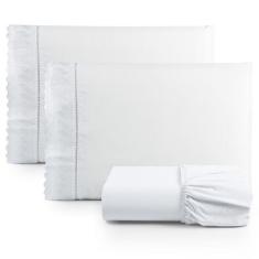 Jogo de Lençol Casal Suave Barrado Lese 3 Peças Barato - Branco - 100%
