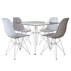 Jogo De Mesa Eames De Ferro Branco E Tampo Quadrado Vidro 90Cm - 4 Cadeiras Brancas